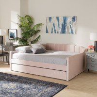 Baxton Studio CF9172-Pink Velvet Velvet-Daybed-FT Baxton Studio Lennon Modern and Contemporary Pink Velvet Fabric Upholstered Full Size Daybed with Trundle